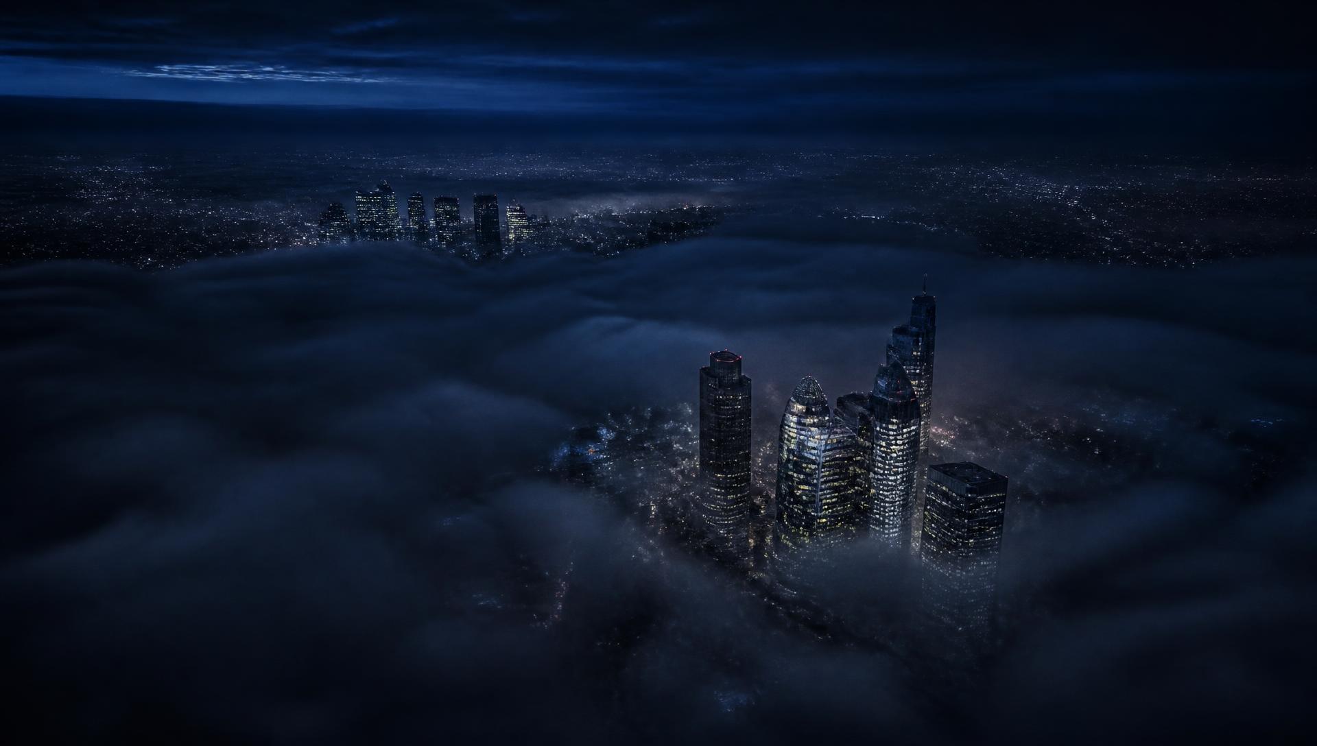 The City of London and Canary Wharf skyline rising above low cloud at blue hour